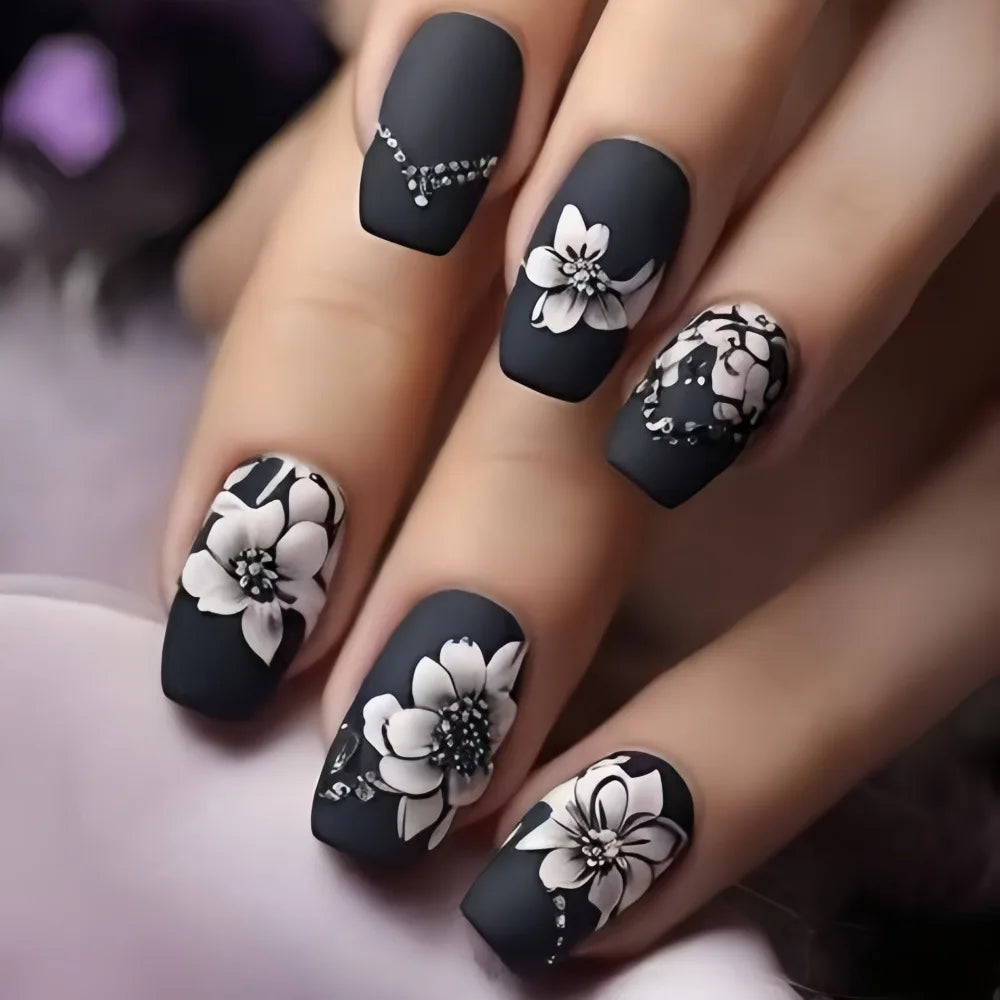 24pcs/set Medium long fake nails for women Spring summer flowers butterfly bee design faux ongles tips