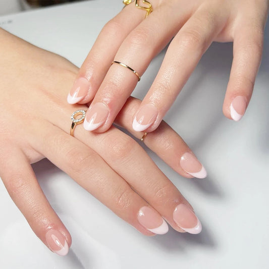 Nude Color Fake Nails for Women and Girls Short Round Head Press on Nails White French Tip