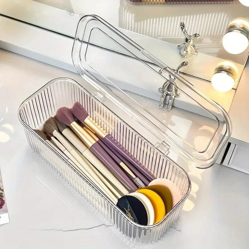 Cosmetics Storage Box with Transparent Plastic Lid, No Need for Power Supply, Dust-proof Storage Brush, Sponge, Lipstick