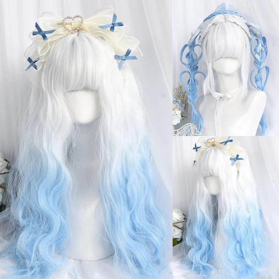 Long Curly Wave Wig with Bangs Blonde Biue Colorful Cosplay Wig for Women