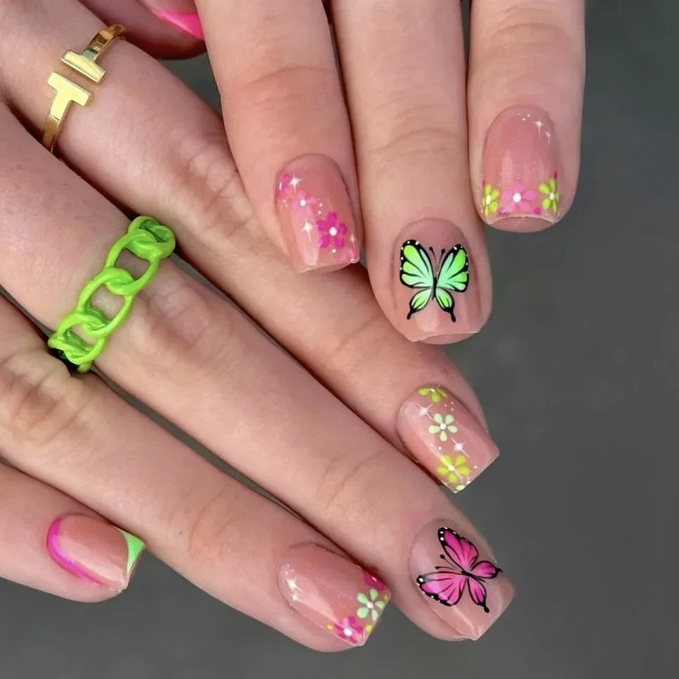 24Pcs Short Almond Press-On Nails Pink Floral French Tip Glossy&Elegant Full Cover Fake Nails