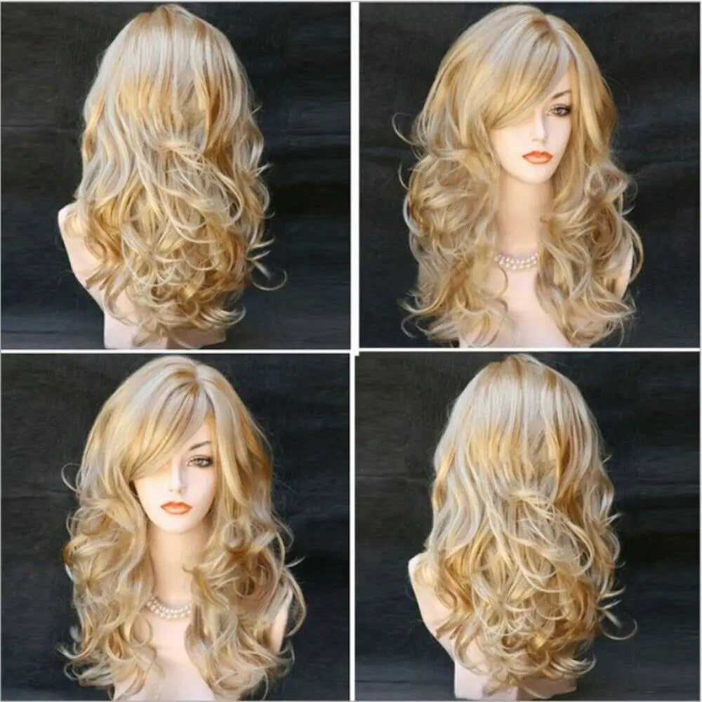 Ladies Blonde Long Curly Wigs Women Natural Wavy Synthetic Hair Cosplay Full Wig