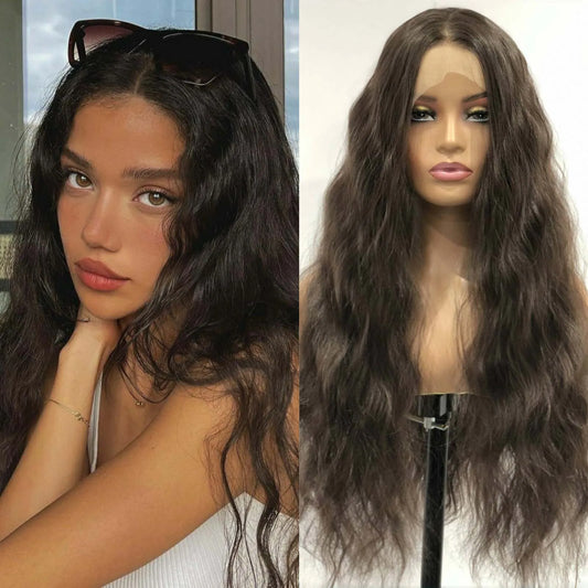 Dark Brown Wig Natural Wavy Synthetic Hair 13X4 Lace Front Wig Brunette Colored Deep Wave