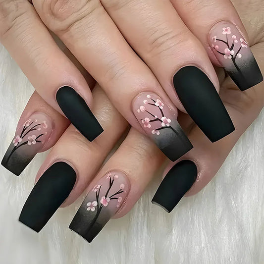 Square Fake Nails for Women DIY Pink Plum Blossom Designs French Press On Nails Wearable Full Cover
