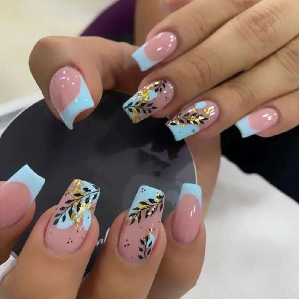 Fashion Leaves Square Head False Nails Set Press On Nails Nude Pink Manicure French Blue