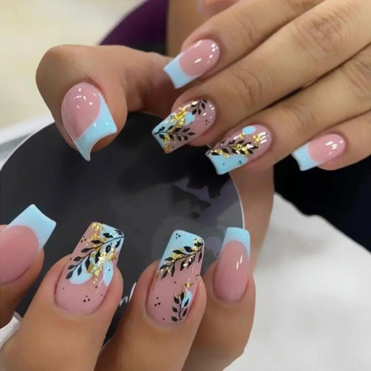 Fashion Leaves Square Head False Nails Set Press On Nails Nude Pink Manicure French Blue