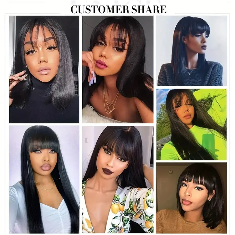 Silky Wig Human Hair Full Machine Made Straight 100% Human Hair Wigs With bangs