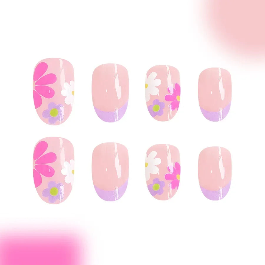 24Pcs Short Almond Press-On Nails Pink Floral French Tip Glossy&Elegant Full Cover Fake Nails