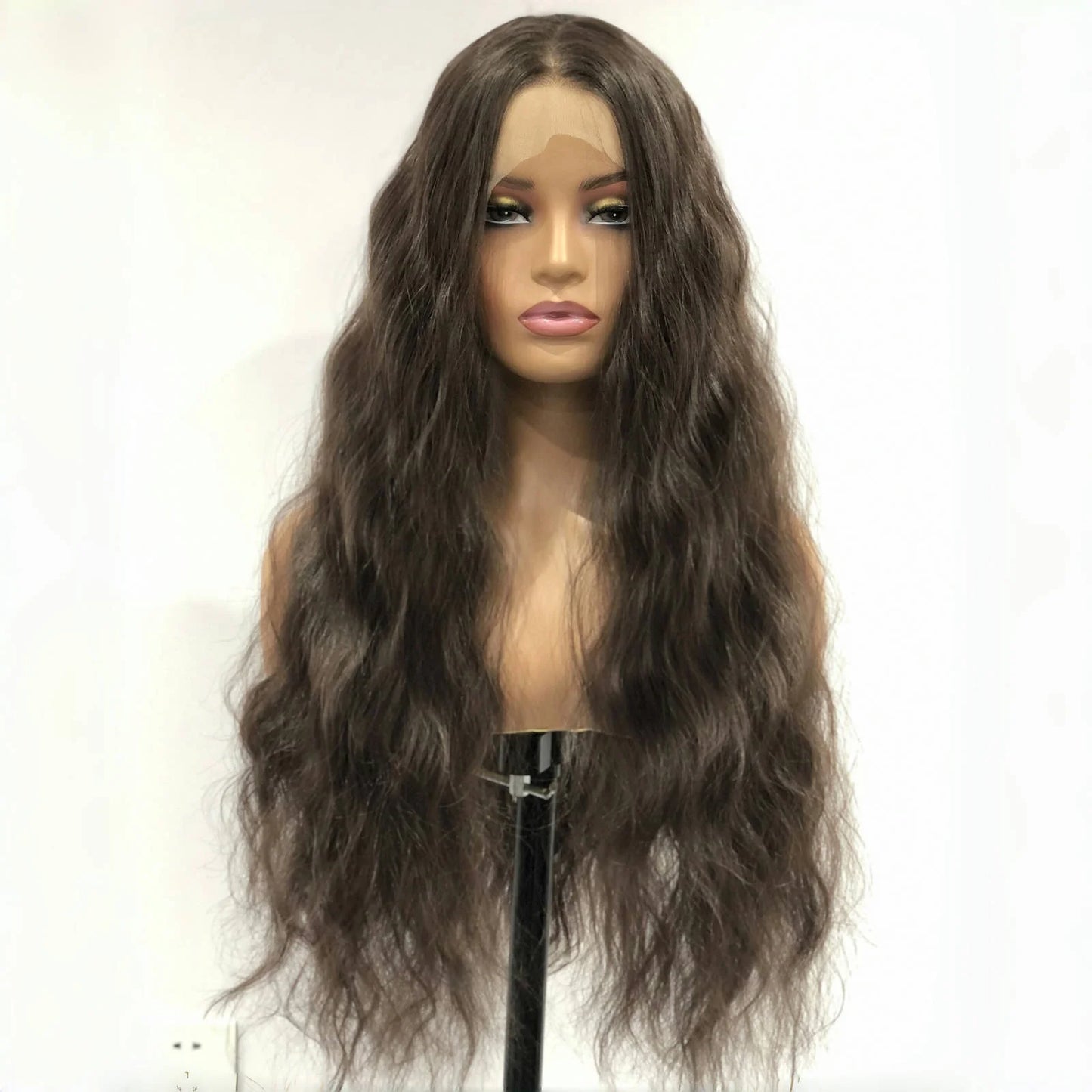 Dark Brown Wig Natural Wavy Synthetic Hair 13X4 Lace Front Wig Brunette Colored Deep Wave