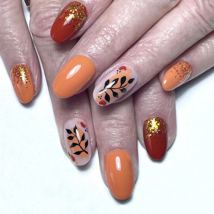 24Pcs Short Almond Press-On Nails Pink Floral French Tip Glossy&Elegant Full Cover Fake Nails