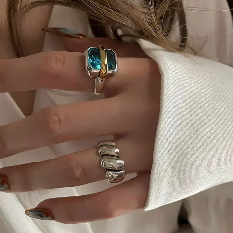 Vintage Blue Zircons Engagement Rings for Women Large Square Adjustable Rings Couples