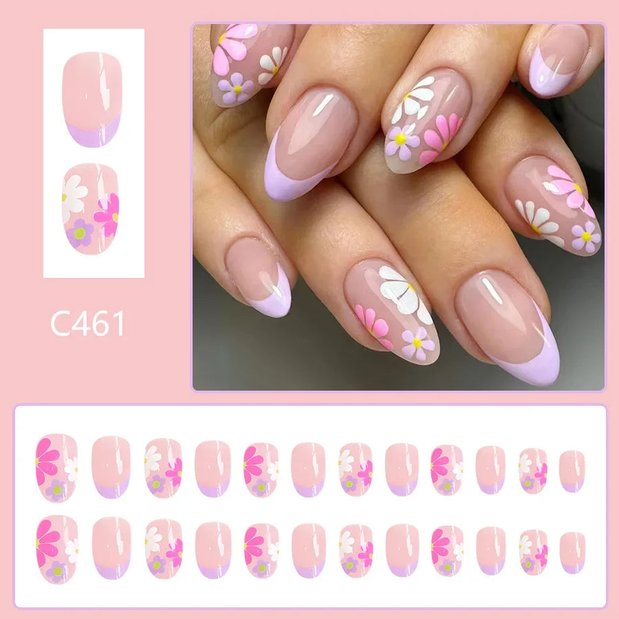 24Pcs Short Almond Press-On Nails Pink Floral French Tip Glossy&Elegant Full Cover Fake Nails