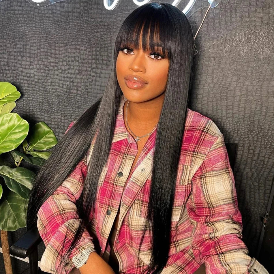 Silky Wig Human Hair Full Machine Made Straight 100% Human Hair Wigs With bangs