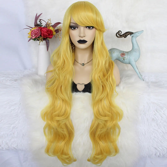 Synthetic hair 30 inches long yellow, loose body wavy and sexy wig with flat bangs,