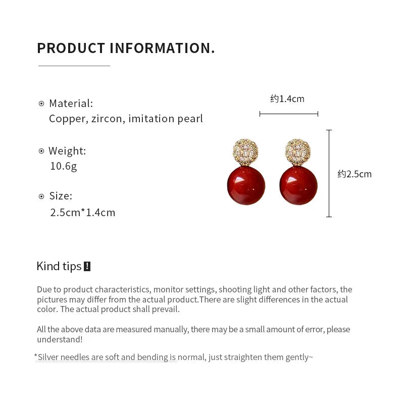Delicate Red Round Bead Earrings Women's Fashion Inlaid Zircon Earrings Sweet Geometry Earrings
