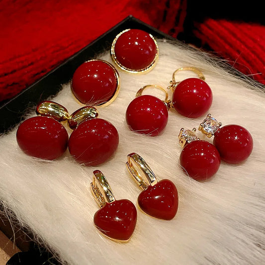 Delicate Red Round Bead Earrings Women's Fashion Inlaid Zircon Earrings Sweet Geometry Earrings