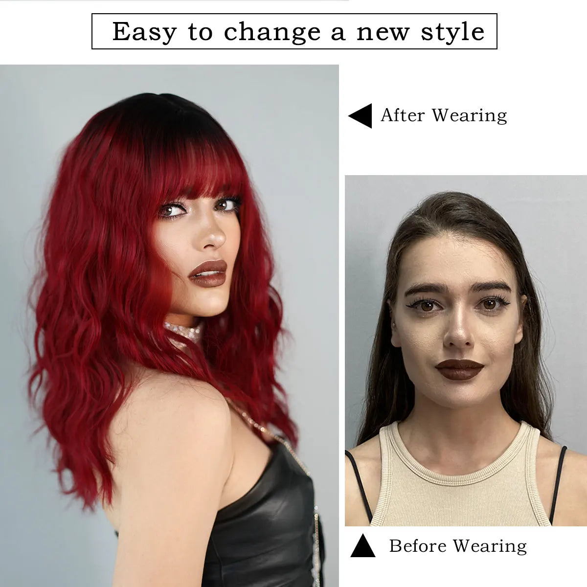 7JHH WIGS Dark Red Wigs for Women Burgundy Wavy Wig with Bangs Colorful Synthetic Ombre Red Wig