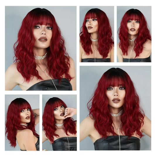 7JHH WIGS Dark Red Wigs for Women Burgundy Wavy Wig with Bangs Colorful Synthetic Ombre Red Wig
