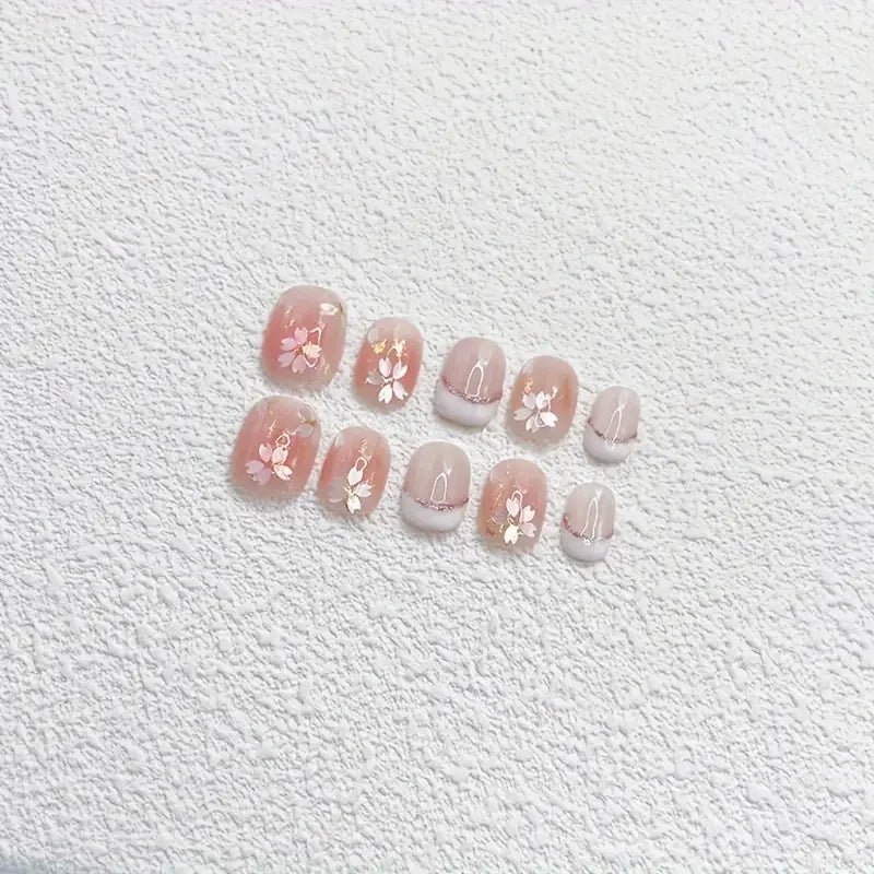 10Pcs Handmade Nails Gentle Pink with Cherry Blossom&Glitter Accents French Tip False Nail