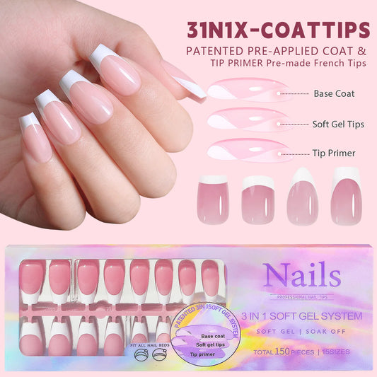 150pcs Nude White Fake Nails Need Adhesive Glue Glitter Press on Nails Women Wearable Nail