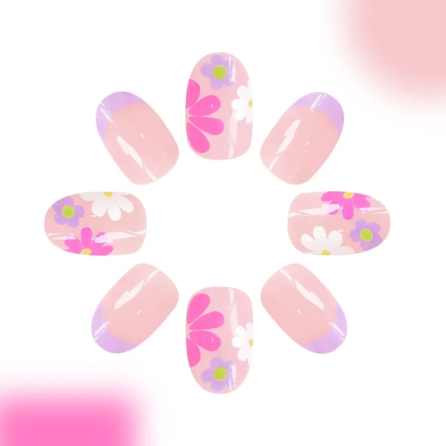 24Pcs Short Almond Press-On Nails Pink Floral French Tip Glossy&Elegant Full Cover Fake Nails