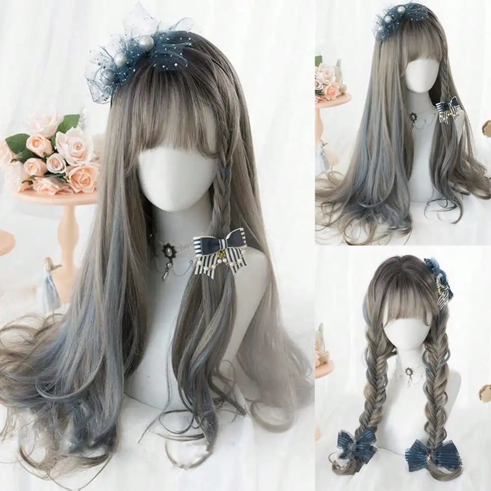 Long Curly Wave Wig with Bangs Blonde Biue Colorful Cosplay Wig for Women