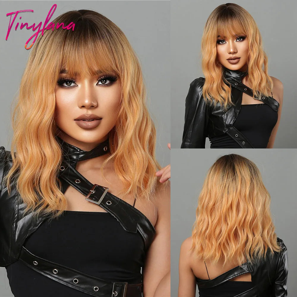 Curly Pink Purple Mixed Blue Wavy Synthetic Wigs with Bangs Short Bob Colorful Cosplay Wig