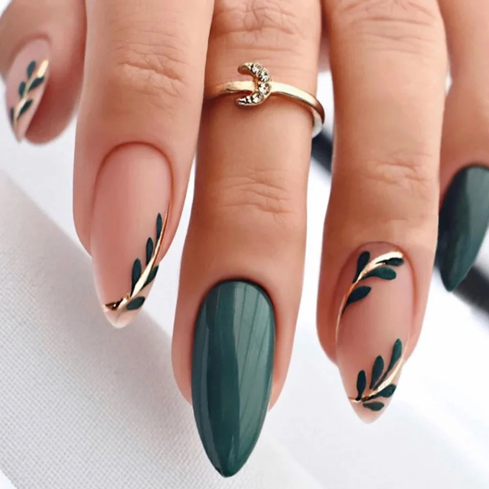 24pcs/box Women Long Almond Shaped False Nails Green Leaves Diy Fake Nail Artificial