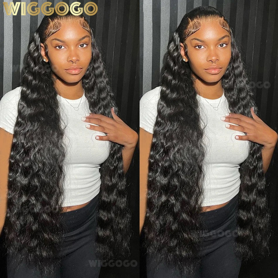 Wiggogo 40 Inch Human Hair 13X4 Deep Wave Frontal Wig 13X6 Curly Hd Lace Front Wigs