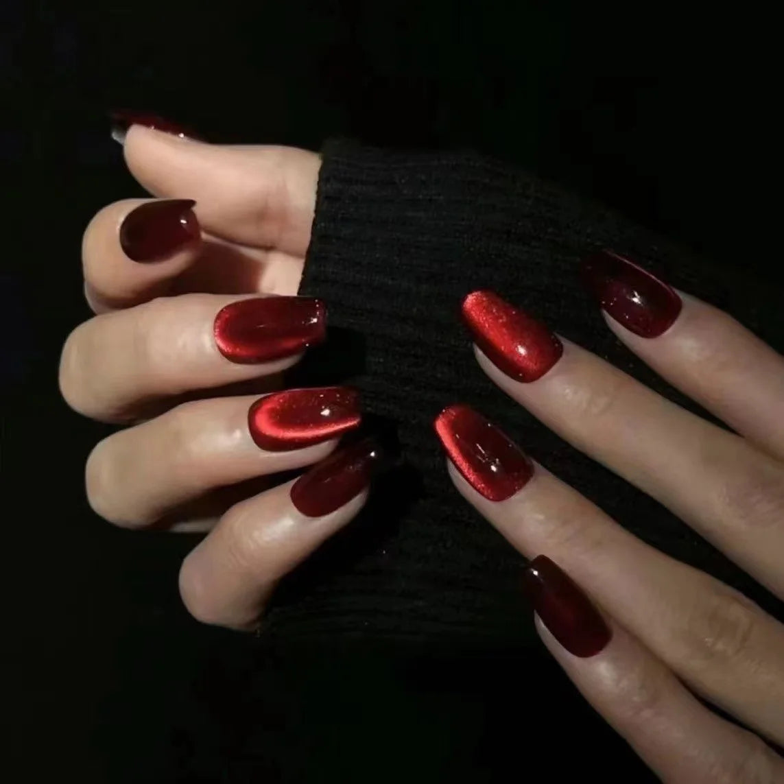 30Pcs Press on Nails,Red Short Round,Square Head,Long Pointed Head,New Year's Deep Red Removable Nail