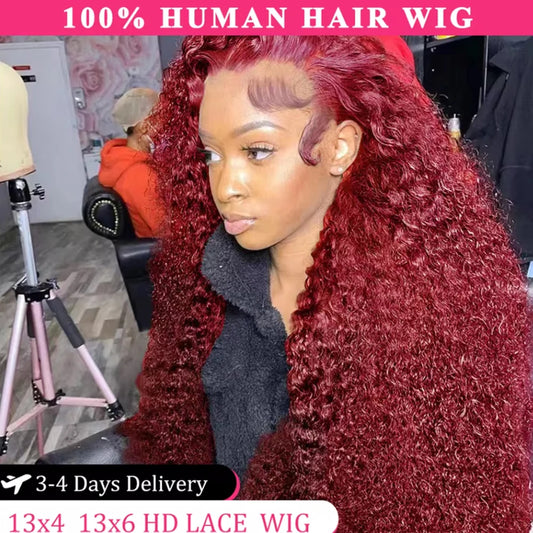 13x4 13x6 Deep Curly Lace Frontal Wig Transparent 99J Burgundy Curly Lace Front Wigs Red Colored HD Deep Wave Human Hair Wigs