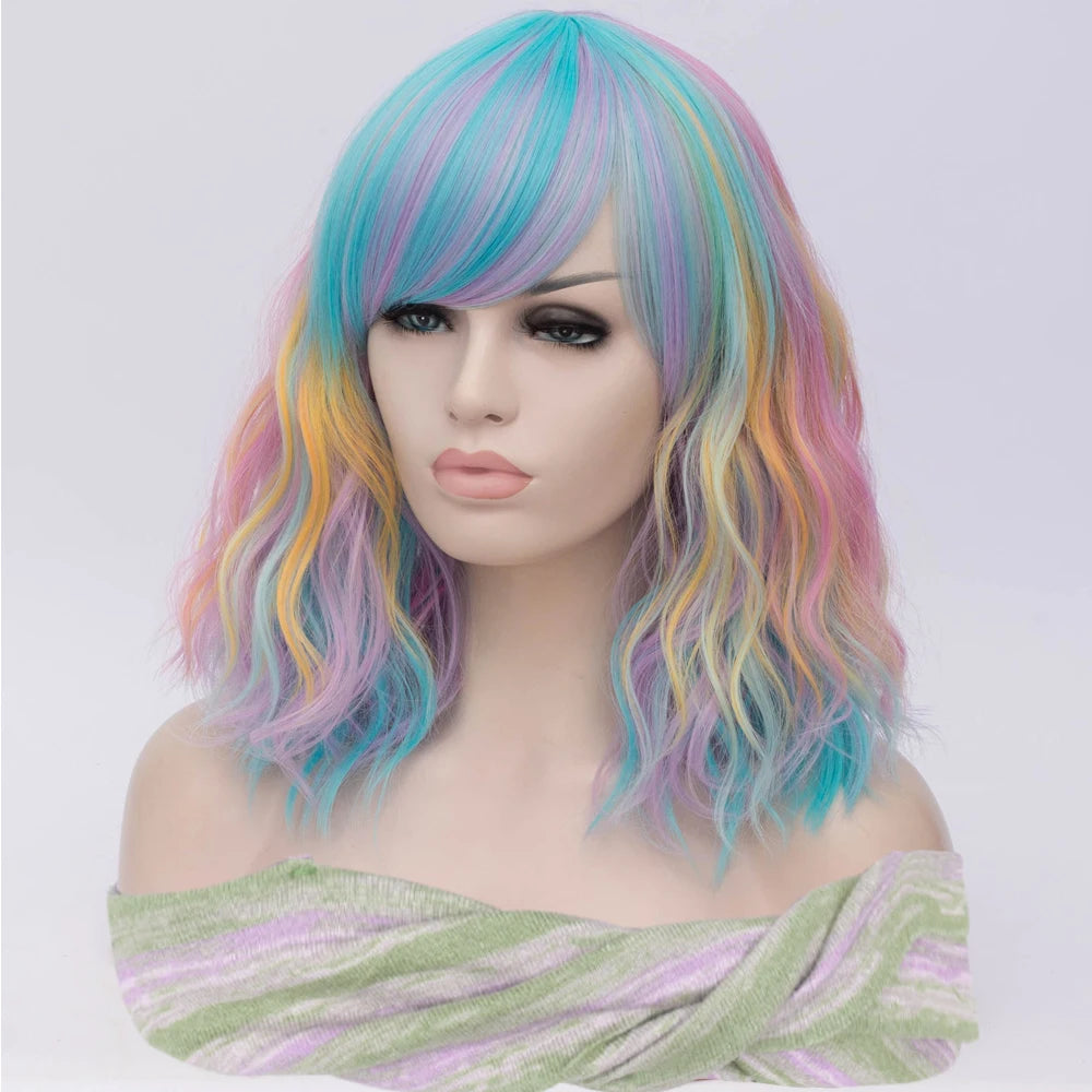 MSIWIGS Synthetic Hair Short Curly Mixed Rainbow Color Fake Hair Purple Blue With Blonde Red Highlight Bob Wig