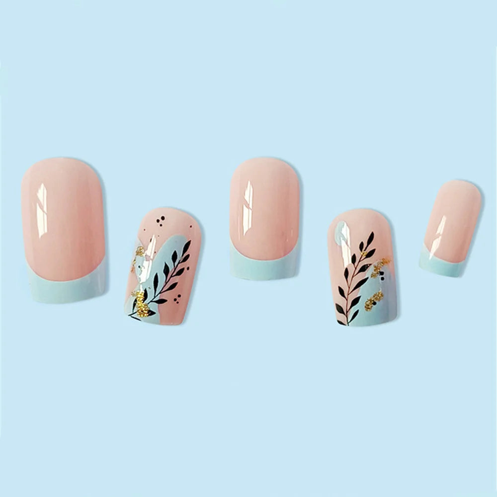 Fashion Leaves Square Head False Nails Set Press On Nails Nude Pink Manicure French Blue