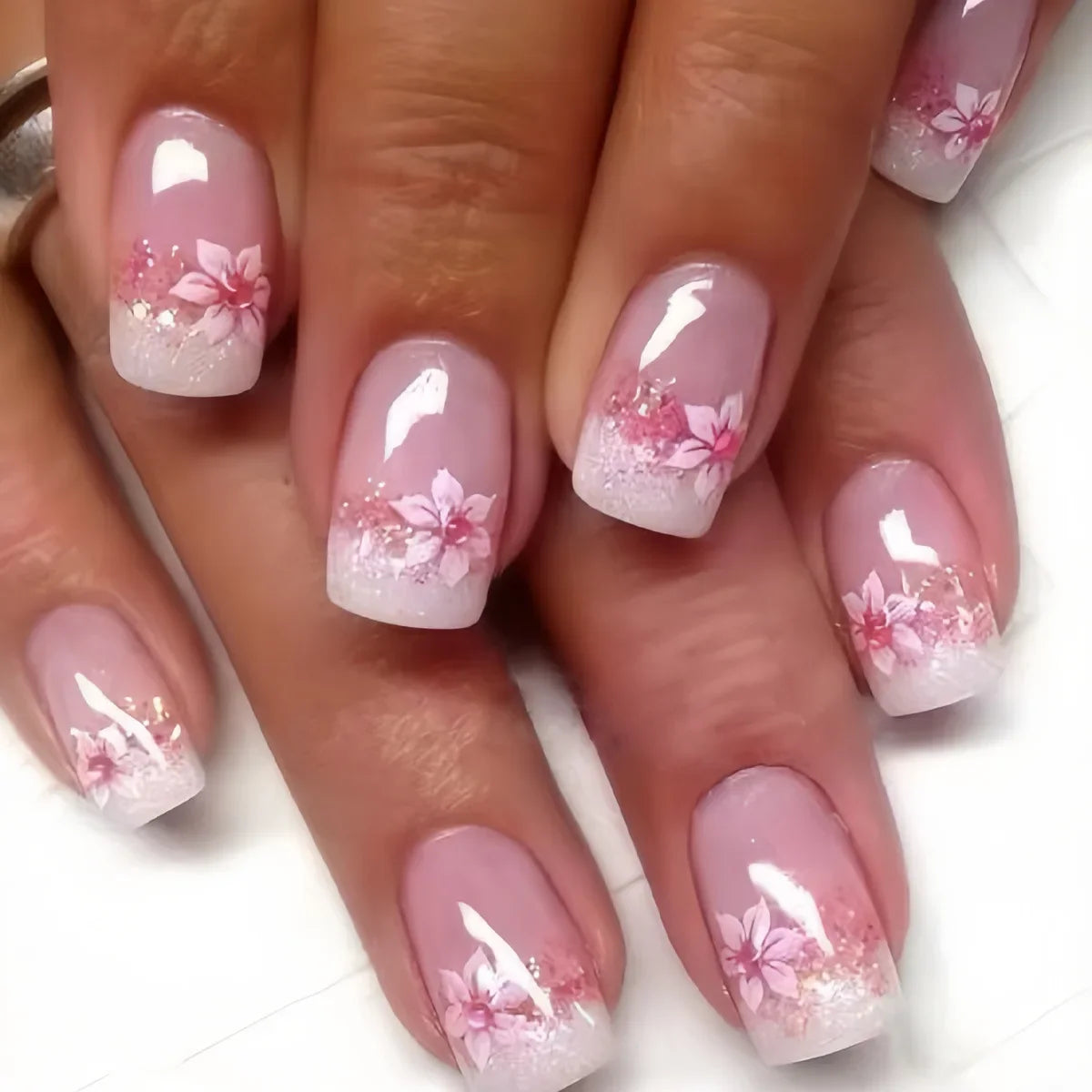 24Pcs Short Almond Press-On Nails Pink Floral French Tip Glossy&Elegant Full Cover Fake Nails