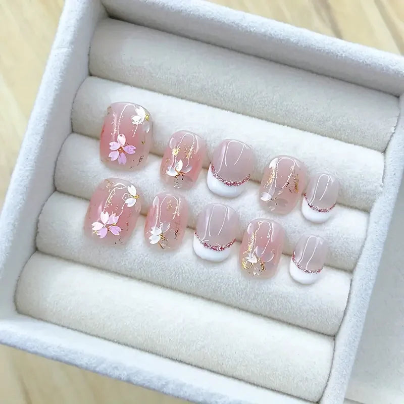10Pcs Handmade Nails Gentle Pink with Cherry Blossom&Glitter Accents French Tip False Nail