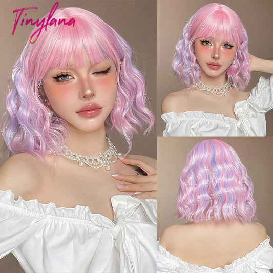 Curly Pink Purple Mixed Blue Wavy Synthetic Wigs with Bangs Short Bob Colorful Cosplay Wig