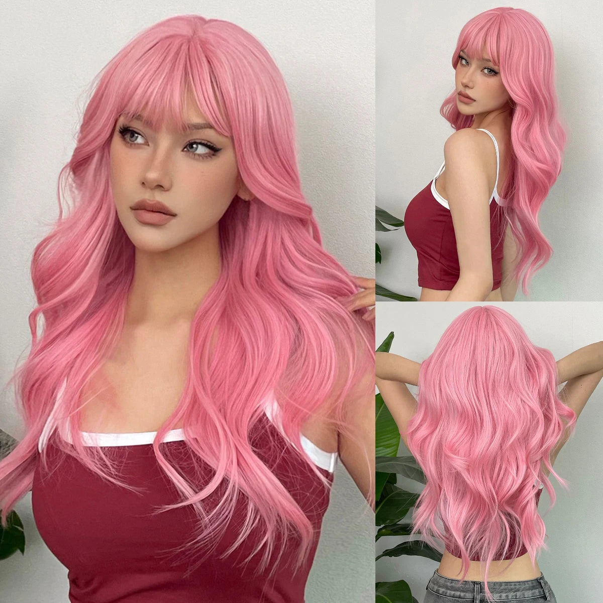 Synthetic Burgundy Long Wavy Wig Wine Red Colorful Cosplay Lolita Wigs with Bangs