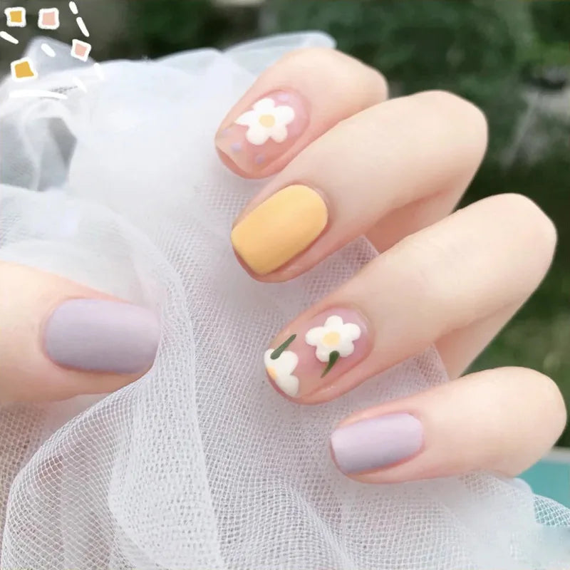24Pcs Short Almond Press-On Nails Pink Floral French Tip Glossy&Elegant Full Cover Fake Nails
