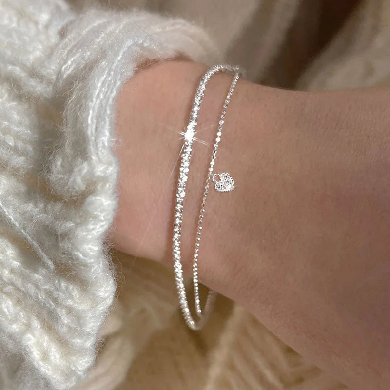 Sparkling Bracelet For Women Double-deck Silver Color Adjustable Hand Chain Fine Fashion