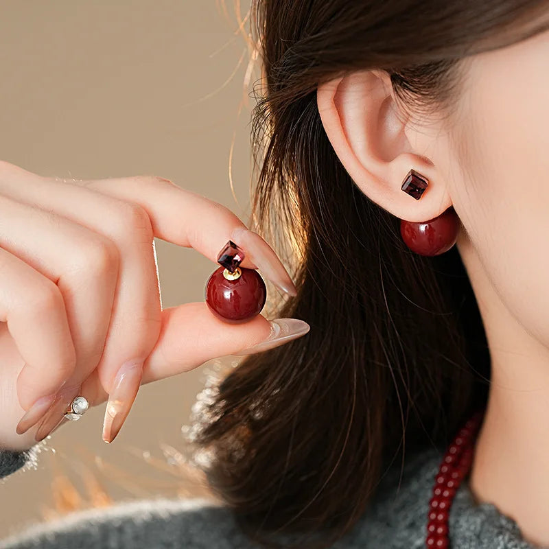 Delicate Red Round Bead Earrings Women's Fashion Inlaid Zircon Earrings Sweet Geometry Earrings