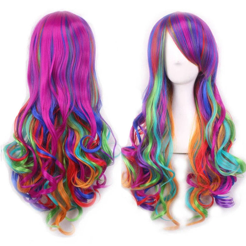 Synthetic Long Curly Ombre Rainbow Color Cosplay Wig with Bangs Purple Green Blue Lolita Wigs
