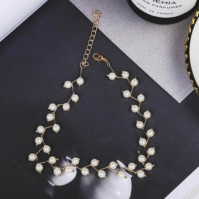 New Korean Pearl Necklaces for Women Gold Color Link Chain Choker Fashion Neck Accessories