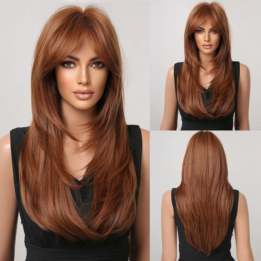 ALAN EATON Long Blonde Wigs for Women Synthetic Hair Wig with Fringe Ombre Color with Dark Roots Layered Wigs Heat Resistant