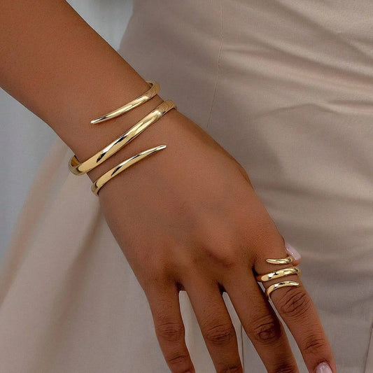 European And American Thick Bracelet And Ring Jewelry Set For Women Gold Color Geometric Line bracelets