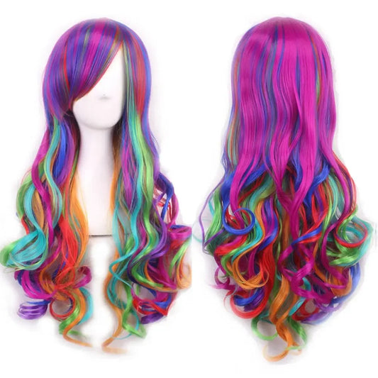 Synthetic Long Curly Ombre Rainbow Color Cosplay Wig with Bangs Purple Green Blue Lolita Wigs