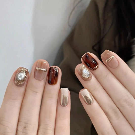 Amber Press On Nails With Gold Dust Handmade Brown Color Nails Short Round Fake Nail