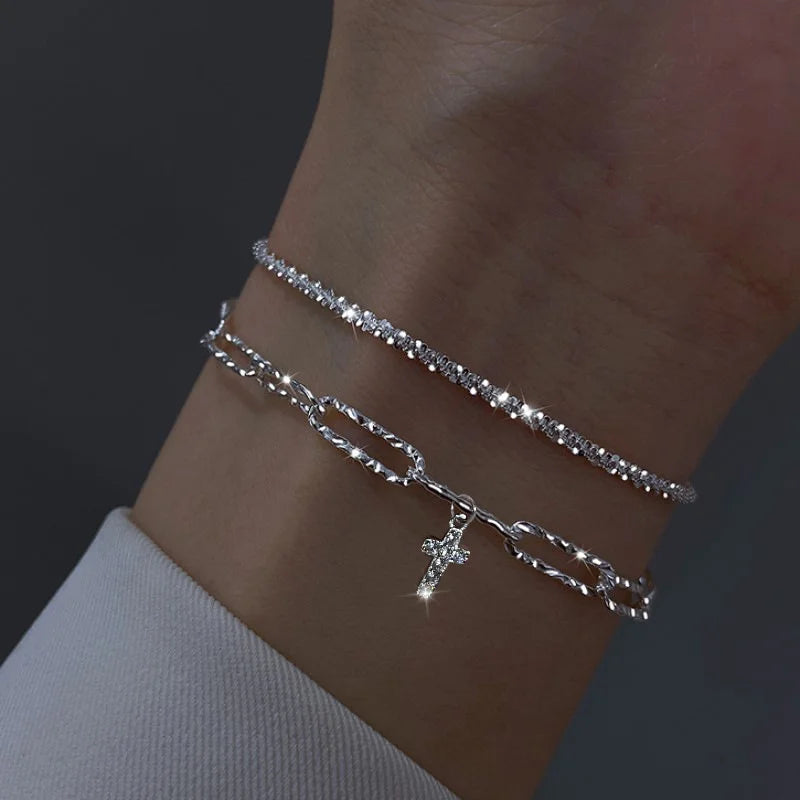 Sparkling Bracelet For Women Double-deck Silver Color Adjustable Hand Chain Fine Fashion
