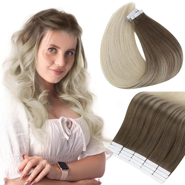Full Shine Tape in Human Hair Extensions 100% Remy Natural Human Hair Extensions Tape in Omber Blonde Hair Extensions for Women