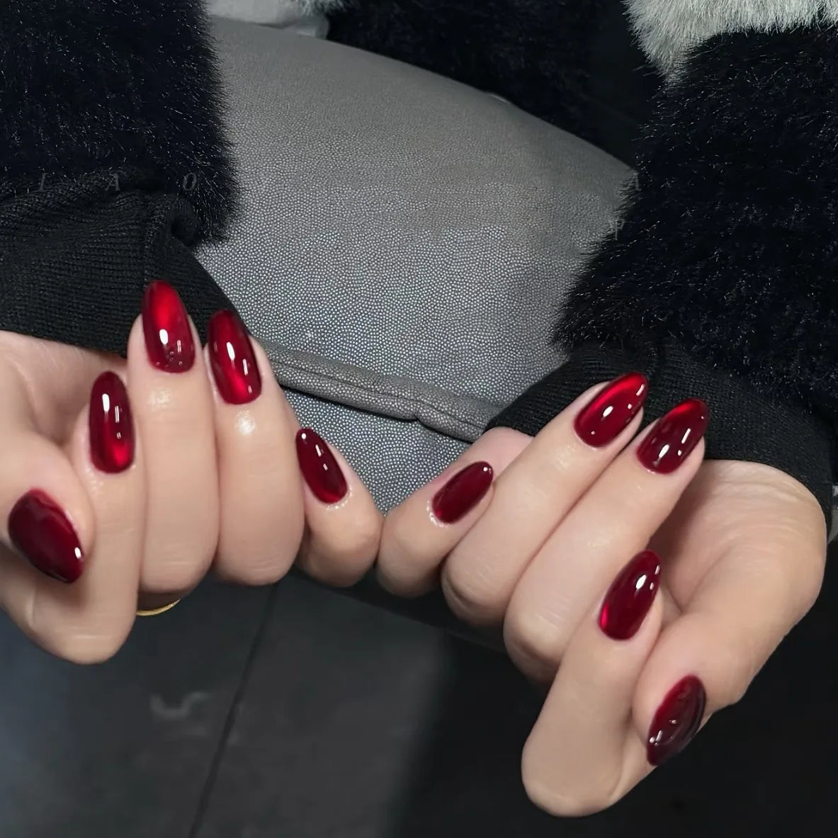 30Pcs Press on Nails,Red Short Round,Square Head,Long Pointed Head,New Year's Deep Red Removable Nail