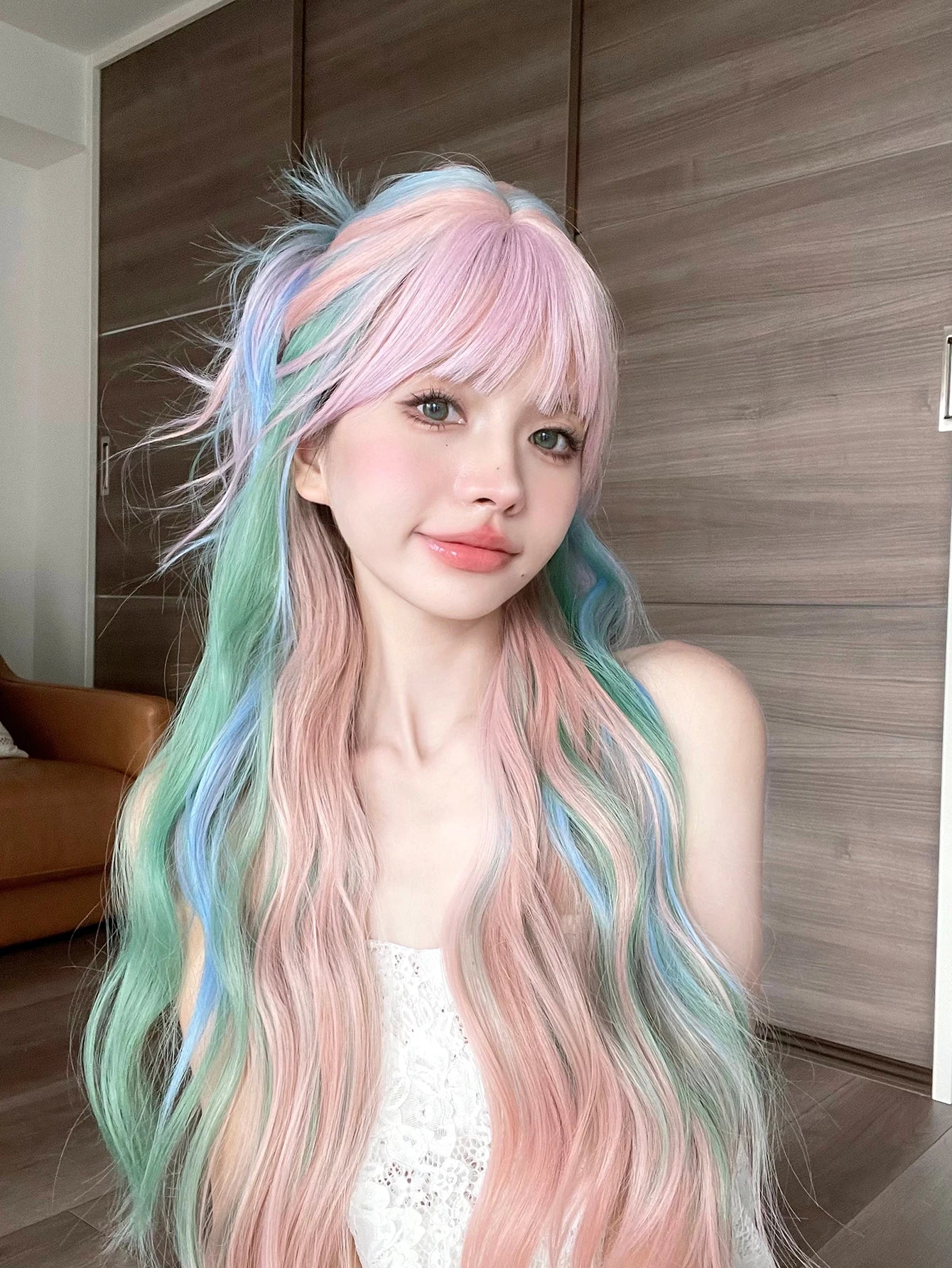 28Inch Iridescent Rainbow Color Multicolour Synthetic Wigs with Bang Long Natural Wavy Hair Wig